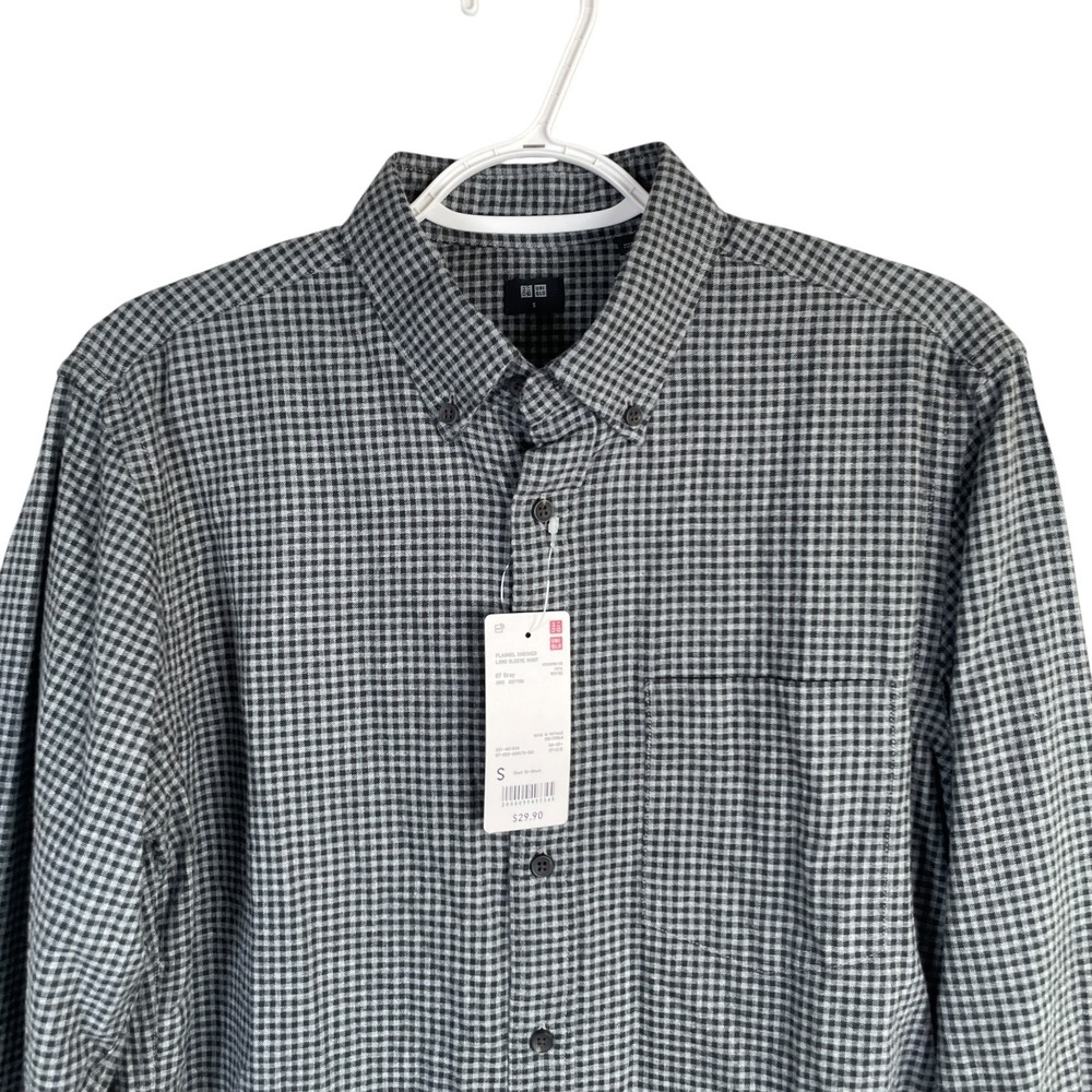 NEW Uniqlo Flannel‎ Shirt Button Down Mens S Gray Check Extra Fine Cotton L/S